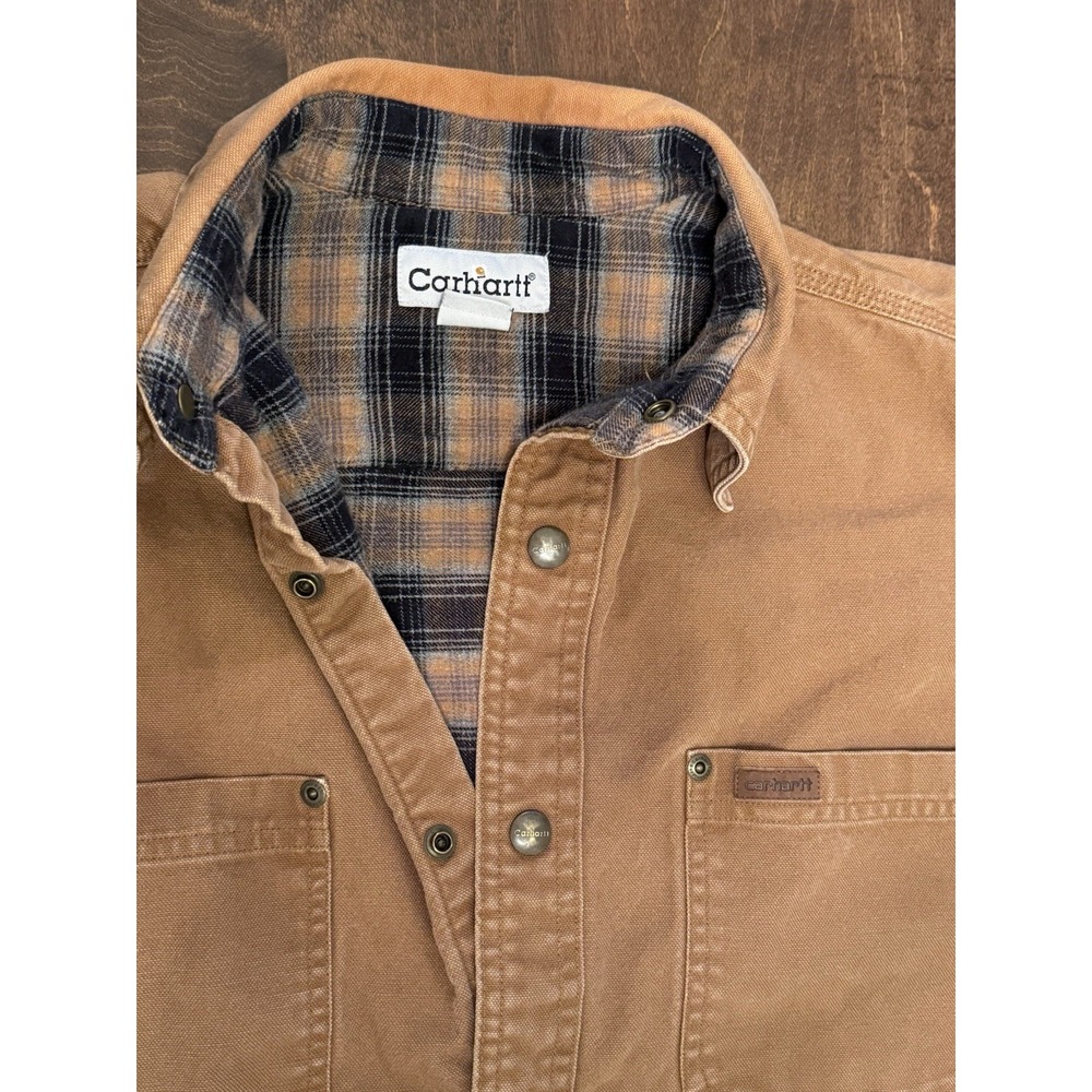 Carhartt Flannel Lined Duck Canvas Shirt Jacket Mens M Brown Snap S296brn - Picture 2 of 15
